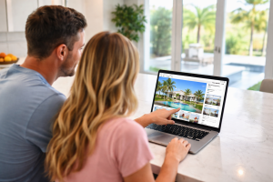 A young couple searching online for their first home in Central Florida